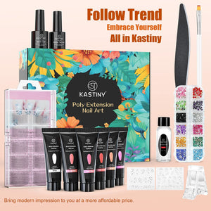 Gel Ricostruzione Unghie, Kastiny 6 Gel per Unghie Colori con Slip Solution, Rosa Nudo Bianco Marrone Extension Acrygel Polygel Set con Unghie Finte/Pennello/Base e Top coat, Nail Art Salon