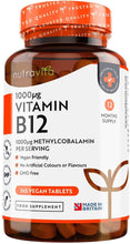 Carica l&#39;immagine nel visualizzatore di Gallery, Vitamina B12 1000 mcg - 365 Compresse (Fornitura 12 mesi di Metilcobalamina Vegana) - Contribuisce alla Riduzione di Stanchezza e Affaticamento - Prodotto da Nutravita
