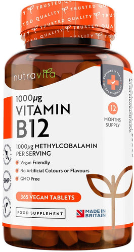 Vitamina B12 1000 mcg - 365 Compresse (Fornitura 12 mesi di Metilcobalamina Vegana) - Contribuisce alla Riduzione di Stanchezza e Affaticamento - Prodotto da Nutravita