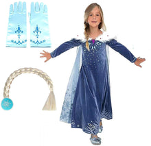 Carica l&#39;immagine nel visualizzatore di Gallery, Costume da Elsa per bambina - Con guanti e treccia Taglia 120 - 3-4 anni, blu - Ilgrandebazar