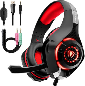 Beexcellent GM-1, Cuffie da gaming con microfono e Bass stereo, Cancellazione del rumore, Controllo del volume, Illuminazione a LED, Colore Rosso