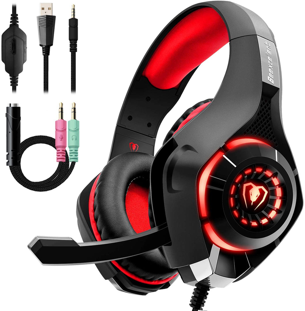 Beexcellent GM-1, Cuffie da gaming con microfono e Bass stereo, Cancellazione del rumore, Controllo del volume, Illuminazione a LED, Colore Rosso