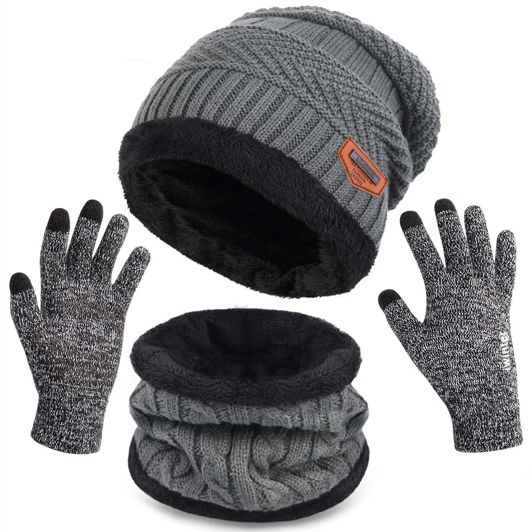 Taglia unica, 1- Il Set di 3 Pezzi Grigio (Cappello + Scaldacollo + Guanti) - Ilgrandebazar