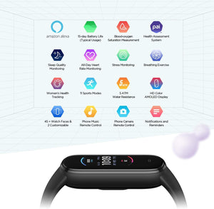 Amazfit Band 5 Smartwatch Tracker Fitness Orologio Sport Smartband con Alexa Integrato Impermeabile 5 ATM di 15 Giorni, Contapassi, Monitoraggio Frequenza Cardiaca del Sonno e della Salute Normal Nero