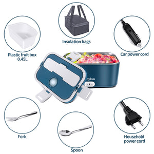 Anykuu 60 W Scaldavivande Elettrico Portatile 1.8L Porta Pranzo Termico 3 in 1(12V/24V/220V) per Auto Camion e Ufficio Lunch Box Riscaldatore 60W Scalda Vivande Portatile con Forchetta e Cucchiaio
