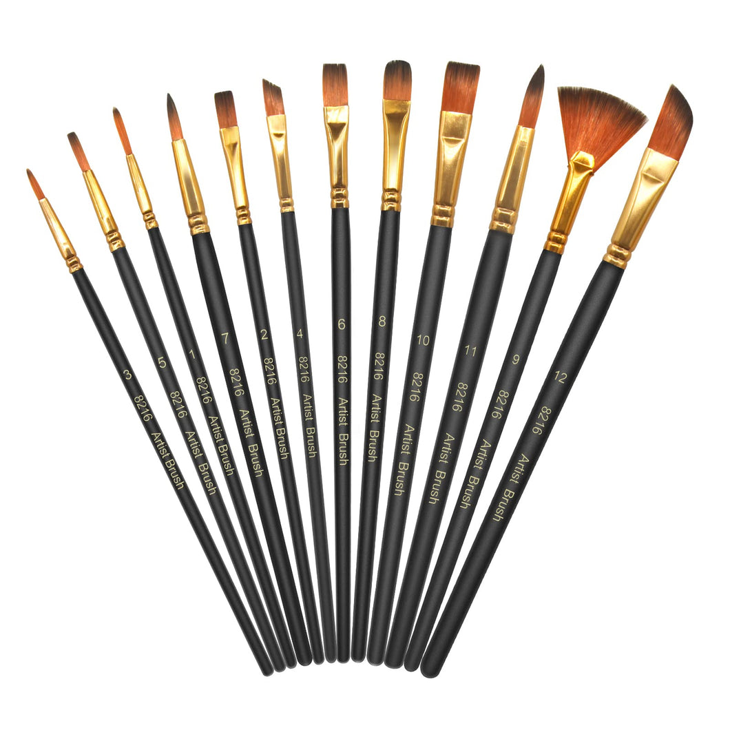 12 Pennelli per Dipingere,Set Pennelli Pittura in Nylon Art,Pennello Fine Pittura Penne a Punta Liscia,Corpo Penna in Legno Adatto per Vernici Acriliche, Acquerelli, Oli e Guachi