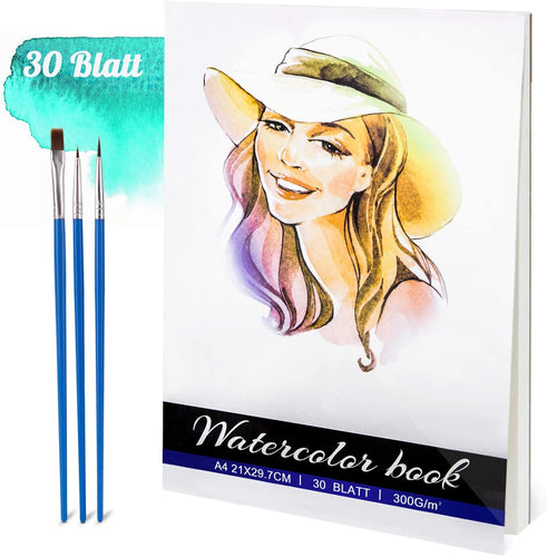 Carta acquerello,30 fogli disegno acquerello carta 300 gsm A4 Carta per acquerello Carta, Senza acidi Carta stampata a freddo per pittura ad acquerello e tecnica mista, bianco