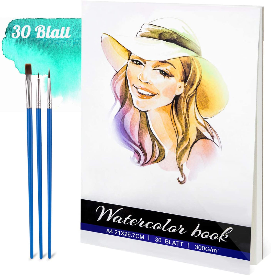 Carta acquerello,30 fogli disegno acquerello carta 300 gsm A4 Carta per acquerello Carta, Senza acidi Carta stampata a freddo per pittura ad acquerello e tecnica mista, bianco