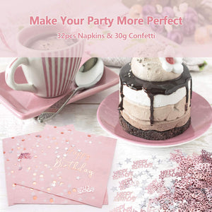 APERIL 32 Pezzi Tovaglioli Compleanno Oro Rosa, Tovaglioli di Carta per Decorazioni per Feste, 30g Happy Birthday coriandoli in Oro Rosa con Stelle Argento