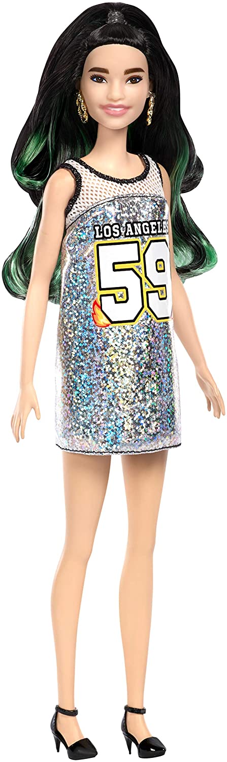 Barbie- Fashionistas Bambola con Vestito Argento Glitter, FXL50