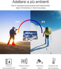 Carica l'immagine nel visualizzatore di Gallery, Netac 32G Scheda Micro SD Set da 2, Scheda di Memoria A1, U1, C10, V10, FHD, 600X, UHS-I velocità Fino a 90/10 MB/Sec(R/W) Micro SD Card per Telefono, Videocamera, Switch, Gopro, Tablet