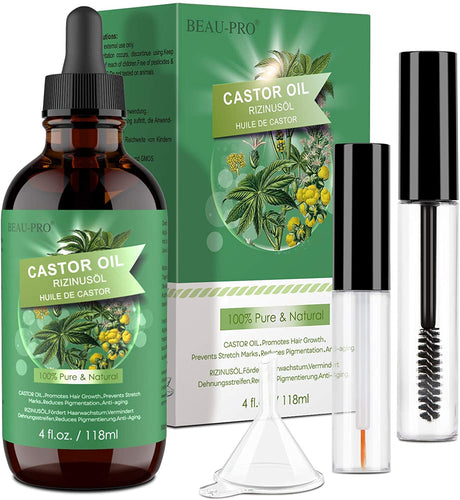Olio di Ricino Puro 100% - 118ml Castor Oil Spremuto a Freddo Stimola la Crescita dei Capelli, Ciglia e Sopracciglia, Cura della Barba, Unghie, Corpo e Viso - Bottiglia di Vetro con Pennelli e Pipetta