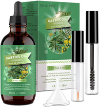 Carica l&#39;immagine nel visualizzatore di Gallery, Olio di Ricino Puro 100% - 118ml Castor Oil Spremuto a Freddo Stimola la Crescita dei Capelli, Ciglia e Sopracciglia, Cura della Barba, Unghie, Corpo e Viso - Bottiglia di Vetro con Pennelli e Pipetta