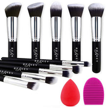 Carica l'immagine nel visualizzatore di Gallery, Pennelli Make Up BEAKEY Premium synthetic pennelli trucco fondazione cipria fard, ombretto, Set di pennelli make up, kit con spugnetta e Brush Egg (10 + 2 pezzi, nero/argento) nero-argento