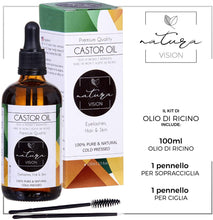 Carica l&#39;immagine nel visualizzatore di Gallery, Olio di Ricino 100ml, Bottiglia di vetro, 100% Puro Spremuto a Freddo, Stimola la Crescita dei Capelli, Ciglia e Sopracciglia, Rinforza le unghie. Un ottimo rimedio per la tua pelle. Set di Pennelli