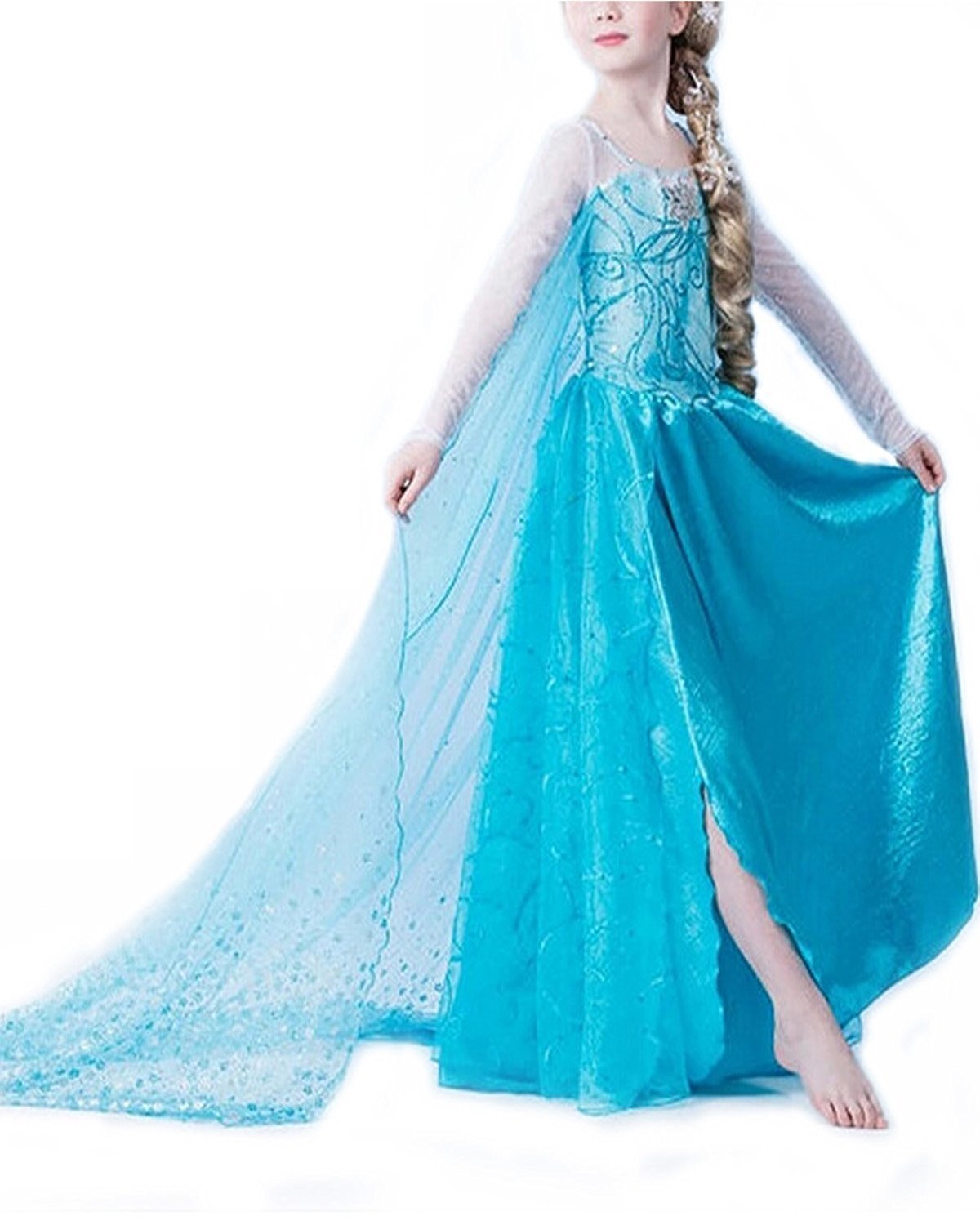 Vestito Da Principessa Regina Delle Nevi Con 6 Accessori – Completo Di Corona, Bacchetta, Trecce E Gioielli