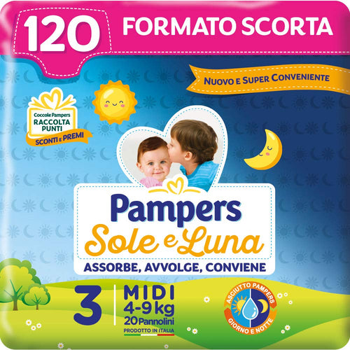 Pampers Sole e Luna Pannolini Midi, Taglia 3 (4-9 kg), 120 Pannolini Taglia 3 (Confezione da 120)