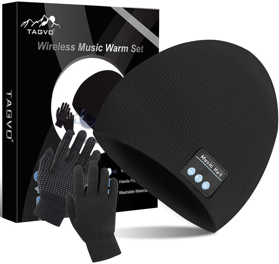TAGVO Bluetooth V5.0 Beanie con Guanti Touchscreen Set, Inverno Caldo Lavorato a Maglia Senza Fili Bluetooth Cuffia Musica Cappello per Corsa Sci Escursionismo, Regalo di Natale