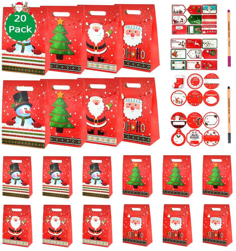 SPECOOL 20 Pezzi Sacchetti Regalo di Carta Natalizia Sacchetti Regalo per Bambini in 4 Disegni con DIY Pen + Adesivi con Tag Regalo di Natale per bomboniere Natalizie (Pupazzo di Neve di Natale)