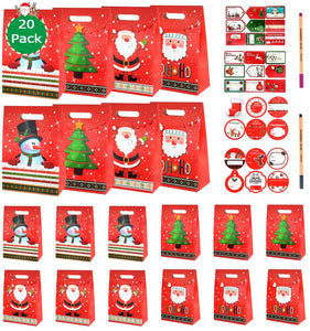 SPECOOL 20 Pezzi Sacchetti Regalo di Carta Natalizia Sacchetti Regalo per Bambini in 4 Disegni con DIY Pen + Adesivi con Tag Regalo di Natale per bomboniere Natalizie (Pupazzo di Neve di Natale)
