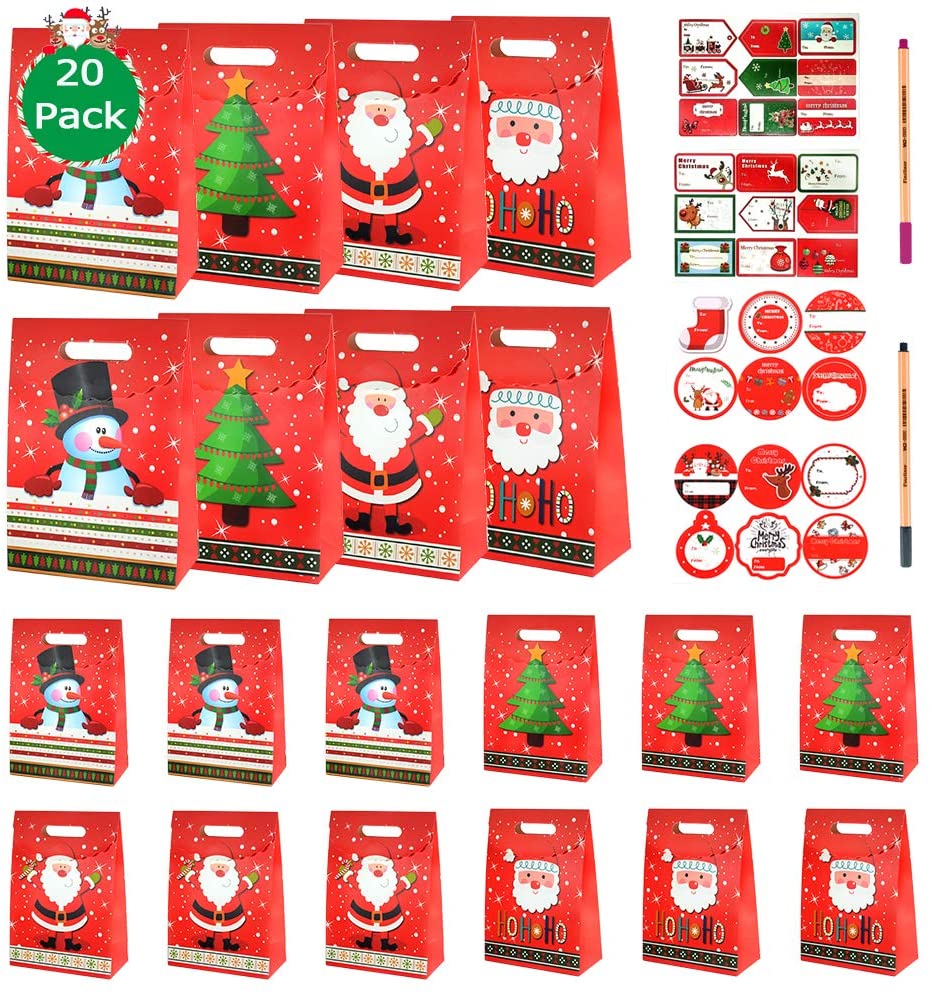 SPECOOL 20 Pezzi Sacchetti Regalo di Carta Natalizia Sacchetti Regalo per Bambini in 4 Disegni con DIY Pen + Adesivi con Tag Regalo di Natale per bomboniere Natalizie (Pupazzo di Neve di Natale)
