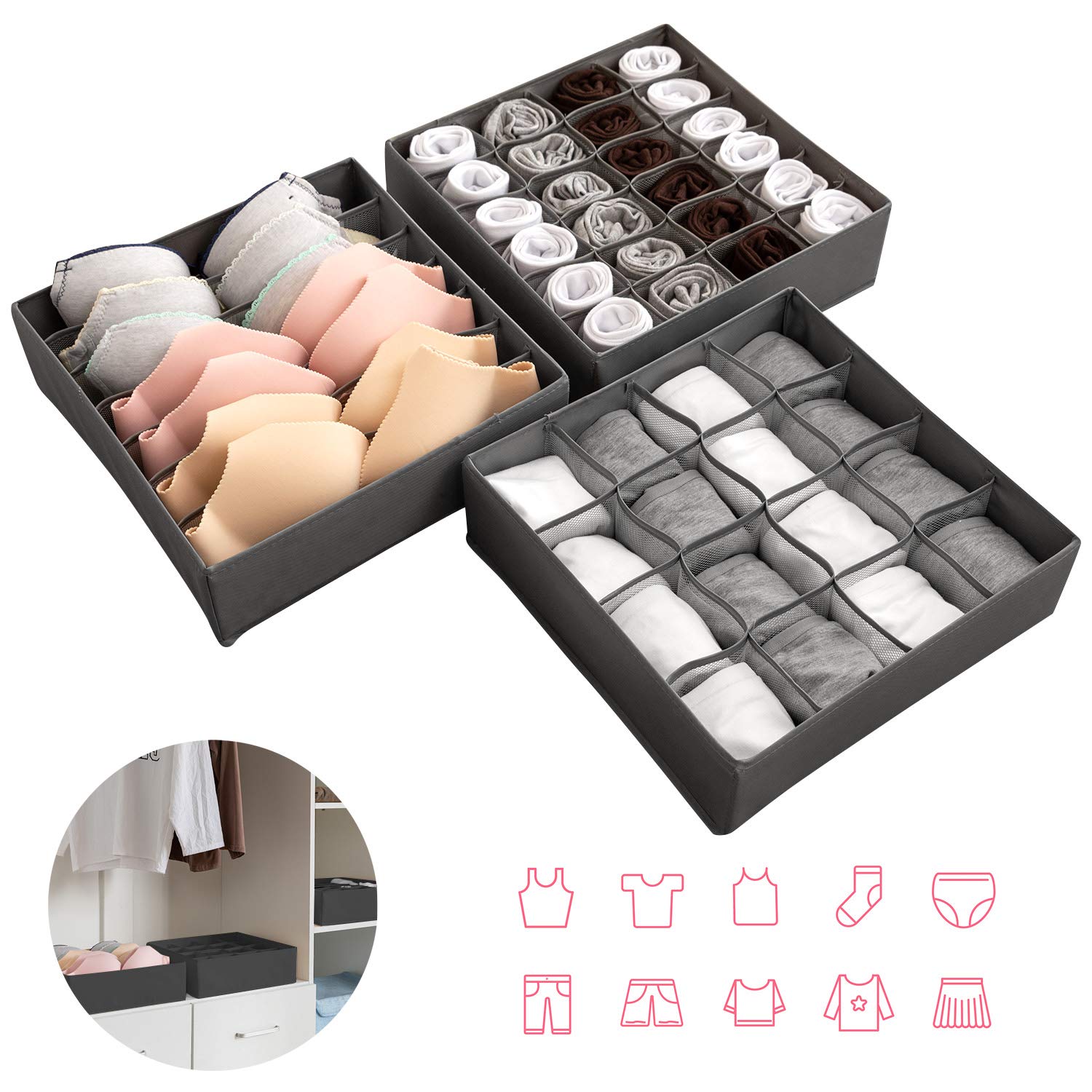 Organizer Cassetti Pieghevole Per Intimo E Calze - Set 3 Pezzi Con Scomparti Multiuso - Foto 3