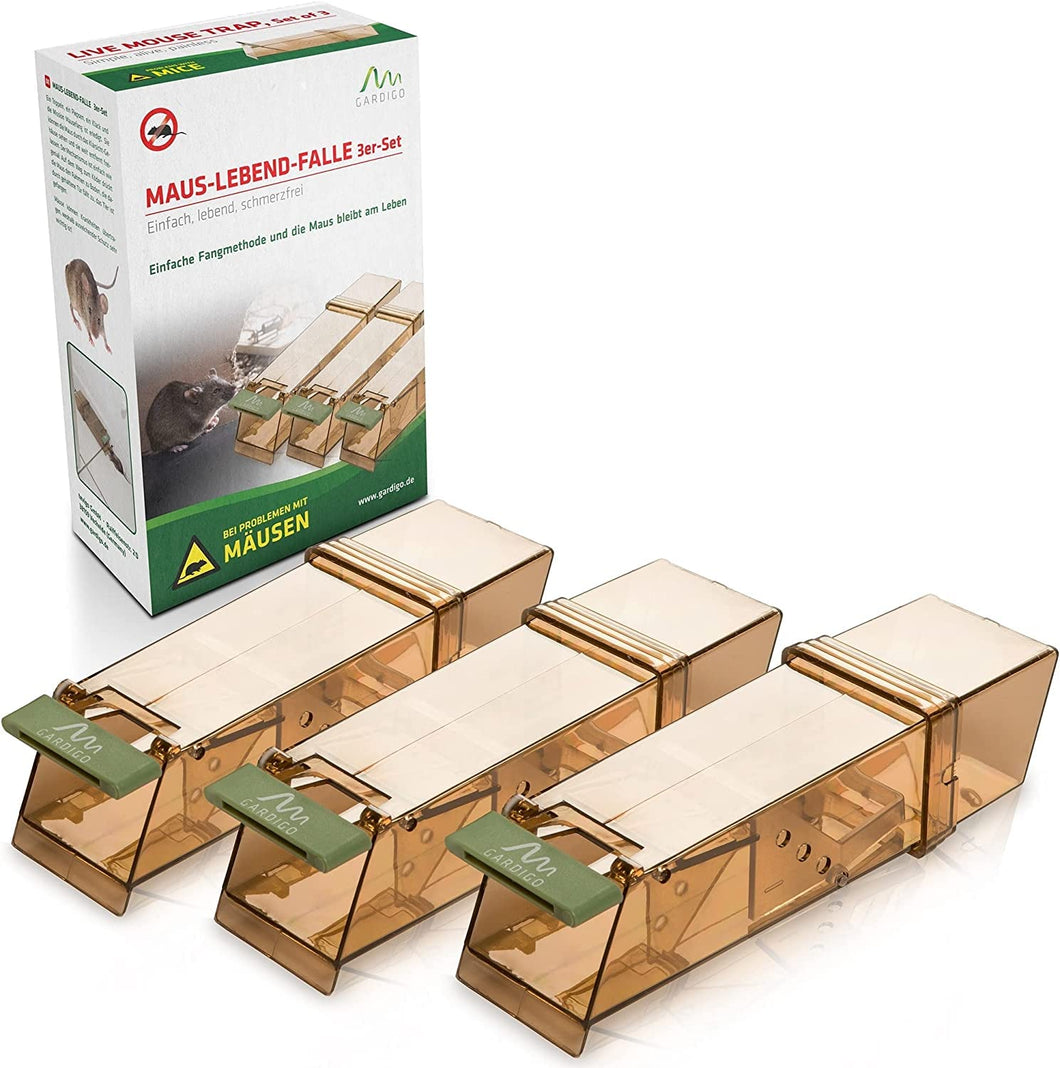 Gardigo® Set di 3 Trappole per Topi | Cattura i Roditori Vivi, Senza Ucciderli | Sicure per Bambini e Animali Domestici | Trappole per Topi Riutilizzabili e Igieniche | Per Uso Interno e Esterno