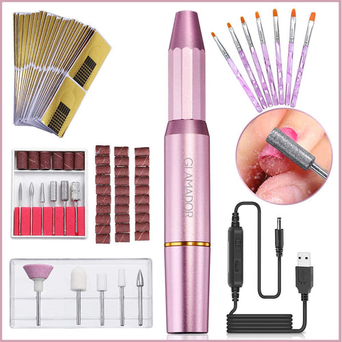 Fresa Unghie Elettrica, GLAMADOR Trapano Elettrico per Unghie Kit, Trapani e accessori elettrici per manicure, Professionale Portatile per Ricostruzione Unghie Manicure e Pedicure, 20000 Giri, Rosa