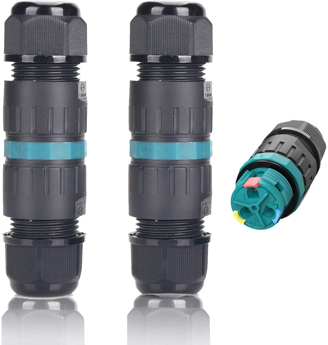 Connettore per cavo impermeabile IP68 Confezione da 2 Ø4mm-Ø12mm Certificazione TÜV Manicotto di collegamento elettrico a 3 poli per giardino | Scatola di giunzione impermeabile a 2 vie da esterno