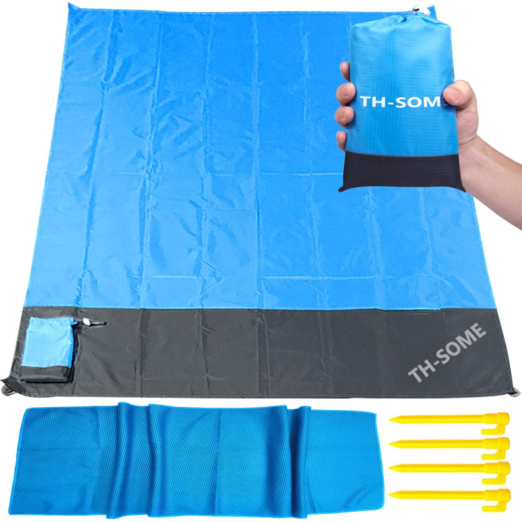 Th-some Tapis de Plage Anti Sable, Couverture de Pique Nique 200 * 140cm Portable Imperméable Pliable avec 4 Piquets pour Plage, Camping, Picnic, Voyage ect Les Èvénements en Extérieur