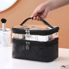 Carica l'immagine nel visualizzatore di Gallery, AIBAOBAO Borsa per il trucco, borsa per cosmetici grande a doppio strato, borsa per articoli da toeletta da viaggio professionale con manico Nero