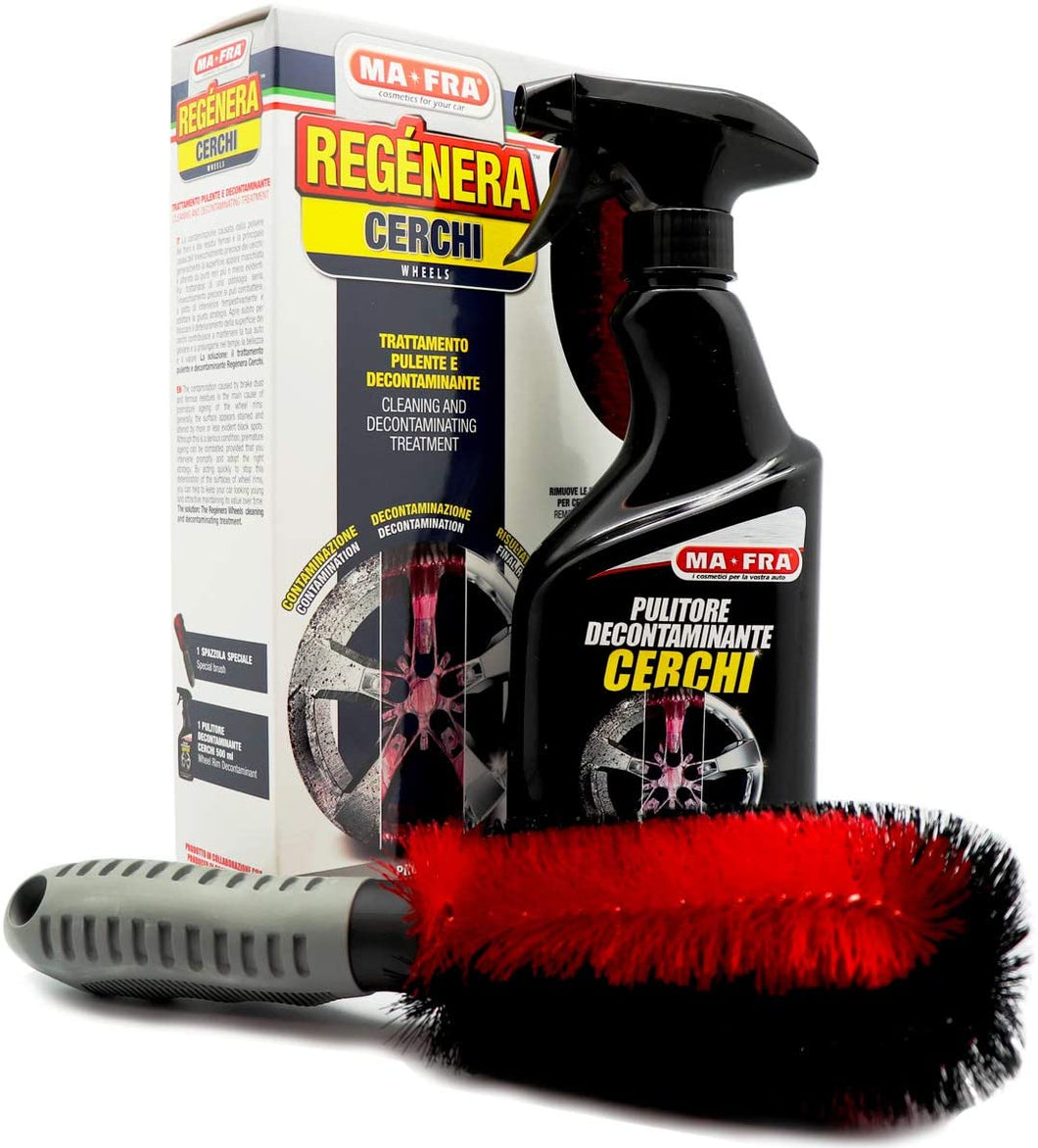Mafra, Kit Regénera Cerchi, Trattamento Completo Pulente e Decontaminante, Composto da Detergente Spray 500ml + Spazzola Speciale