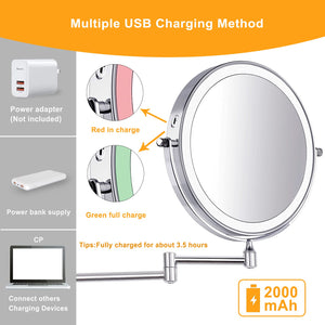 Amelar 8 Pollici Specchio Trucco con da Parete, Luci a 3 Colori Luminosità Regolabile Ricaricabile Tramite USB, Ingrandimento 1X/10X Rotazione a 360° Bifacciale Specchio Bagno, per Bagno e Hotel