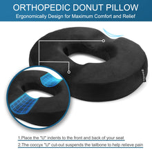 Carica l'immagine nel visualizzatore di Gallery, Cuscino per ciambelle Cuscino per emorroidi Cuscino per sollievo dal dolore in memory foam coccige per gravidanza, coccige, piaghe da letto, schiena, sciatica, 18 pollici nero