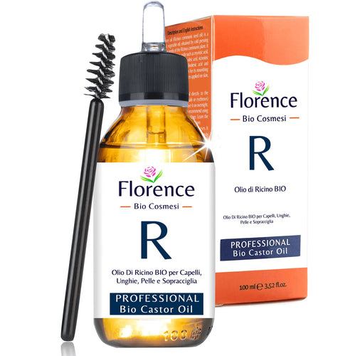 Olio di Ricino 100ml. Biologico,Vegano, Puro e Pressato a Freddo. Bottiglia in vetro+Pennello. Stimola la Crescita dei Capelli, Ciglia e Sopracciglia. Rinforza le unghie. Ottimo rimedio per la pelle