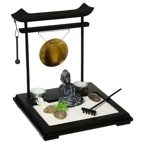 Set giardino ZEN - Buddha su vassoio in legno con gong, portacandele, Beige - Ilgrandebazar