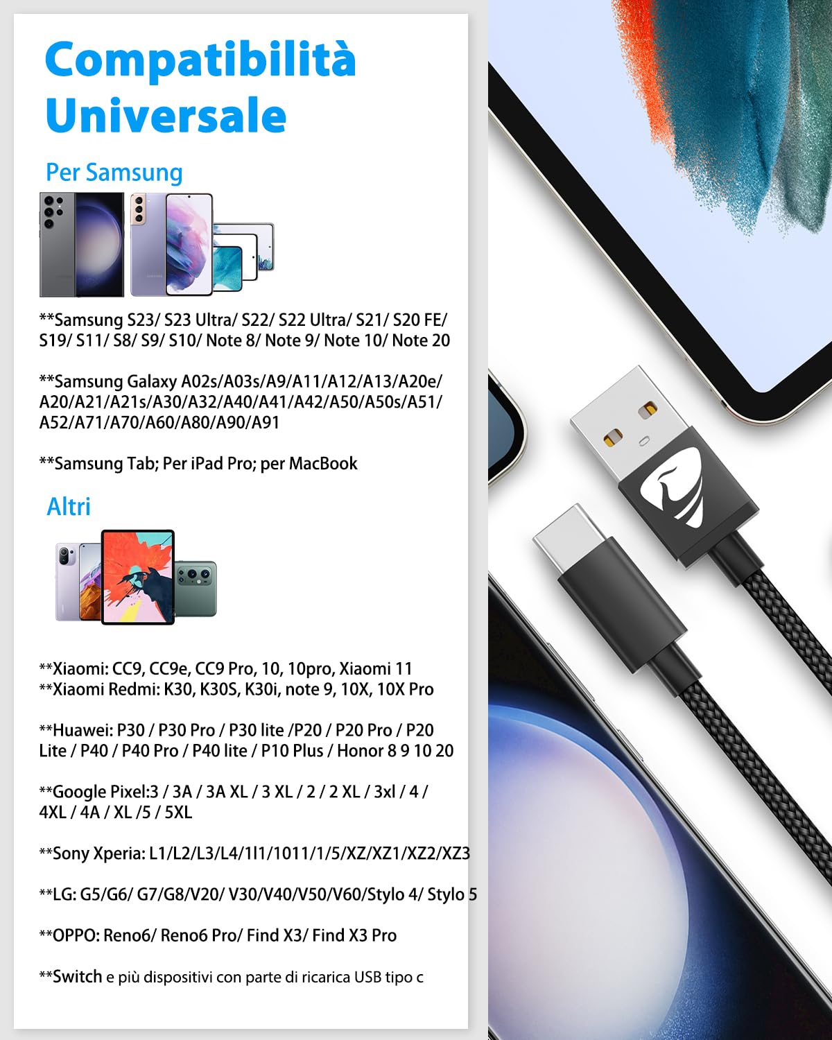 Cavo Micro USB 3m 2m Cavo di ricarica Cavo dati per Huawei p smart 2019 Cavo Micro USB 3m 2m Cavo di ricarica Cavo dati per Huawei p smart 2019