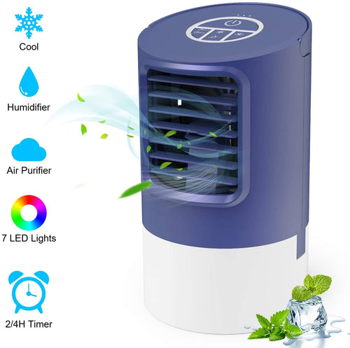 Condizionatore Portatile, TedGem Climatizzatore Portatile, Mini Condizionatore Portatile, 4 in 1 Aria Condizionata, Umidificatore, Ventilatore da Scrivania, 7 Luci LED, 3 Velocità per Casa e Ufficio