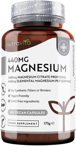 Magnesio Citrato 1480mg con 440mg di Magnesio Puro Elementare per Dose - 180 Capsule Vegane - Fornitura da 90 Giorni - Integratore di Magnesio Prodotto nel Regno Unito da Nutravita