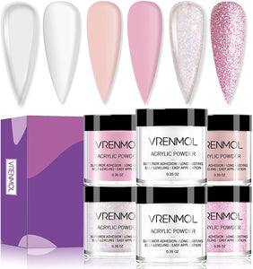 Vrenmol - Set di polvere acrilica in 6 colori acrilici, set professionale per unghie in polimero glitterato acrilico per l'estensione delle unghie e design 3D, senza bisogno di lampada per unghie