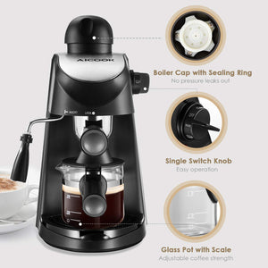 Macchina caffe espresso, Aicook 8 bar semiautomatica macchina 4-cup, Nero - Ilgrandebazar