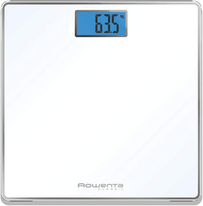 Rowenta BS1501 Classic, bilancia pesapersone elettronica, 31x31 cm, fino a 160 Kg con graduazione di precisione ogni 100g, spessore di 22 mm, batterie incluse, vetro temperato, bianco