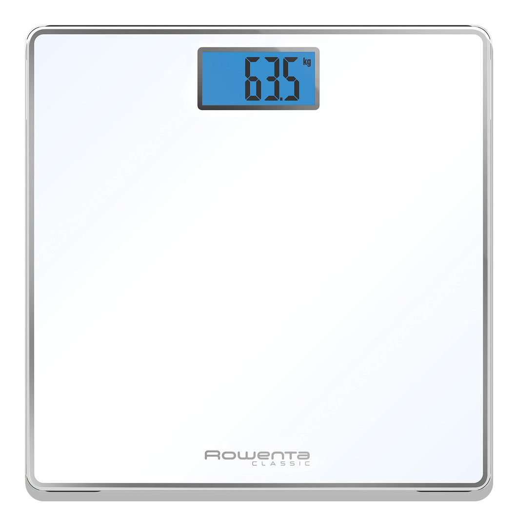 Rowenta BS1501 Classic, bilancia pesapersone elettronica, 31x31 cm, fino a 160 Kg con graduazione di precisione ogni 100g, spessore di 22 mm, batterie incluse, vetro temperato, bianco
