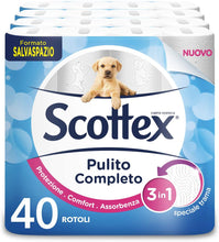 Carica l'immagine nel visualizzatore di Gallery, Scottex Carta Igienica Pulito Completo Salvaspazio, Confezione da 40 Rotoli - 2330 gr