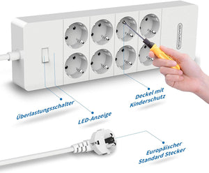 Ciabatta Multipresa, NTONPOWER 8 Schuko con 1700 Joule Protezione da Sovratensioni e 5 Porte USB, 4000W/16A, 3 Metri Lunga Cavo - Bianco