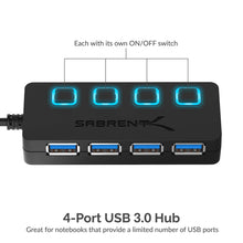 Carica l&#39;immagine nel visualizzatore di Gallery, Sabrent a 4 porte Hub USB 3.0 con interruttori di alimentazione 3.0, Nero