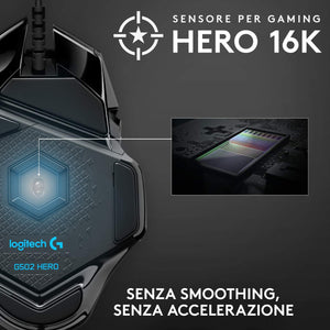 Logitech G502 HERO Mouse Gaming Prestazioni Elevate, Sensore HERO 16K, 16000 DPI, RGB, Pesi Regolabili, 11 Pulsanti Programmabili, Memoria Integrata, per PC/Mac/Laptop, Nero
