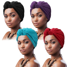 Carica l'immagine nel visualizzatore di Gallery, DRESHOW 5 Pezzi Donne Africana Turbante Sciarpa Avvolge Testa Boho Turbante Elastico Annodato Berretto Pre-annodato Berretto Chemio Cappello 4 Pack Knotted: Solid Color A