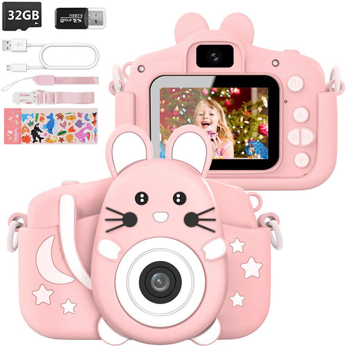 Macchina Fotografica per Bambini, Hangrui Fotocamera Bambini con Giochi, 32GB Scheda, Lettore di Schede & Cordoncino, Selfie Videocamera con LCD da 2.0 Pollici HD 12 MP / 1080P, Regalo di Natale