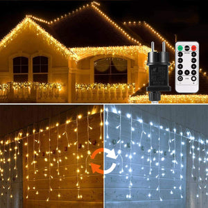 Cascata di Luci ECOWHO 440 LED Tenda Luminosa Bianco Caldo e Bianco Freddo,12x0,8m Luci di Natale 9 Modalità con telecomando, Catena Luminosa esterno per Natale patio Giardino Matrimonio
